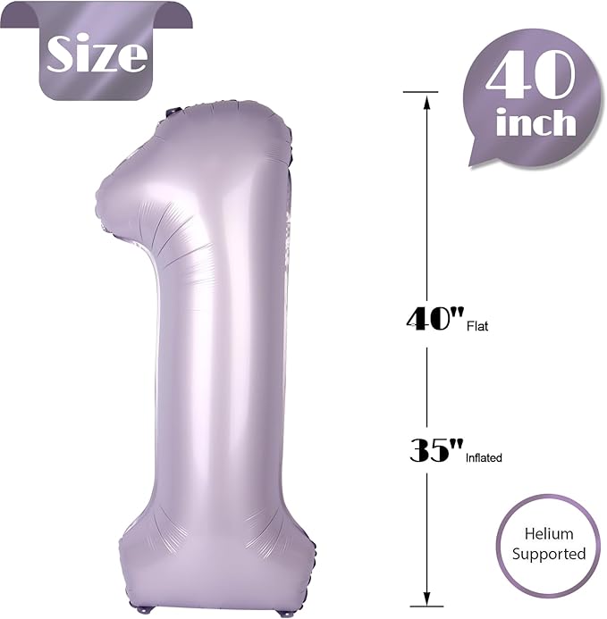 Lilac Number 1 Balloon 40 Inch, 1st Birthday Balloon for Baby Boy Girl Toddler First Birthday Decorations, Shiny Lilac Party Supplies