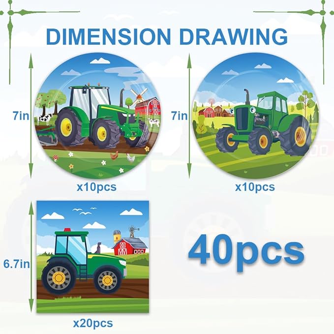 40Pcs Tractors Birthday Plates and Napkin Supplies Farm Baby Shower Tableware Set Tractors Birthday Decorations