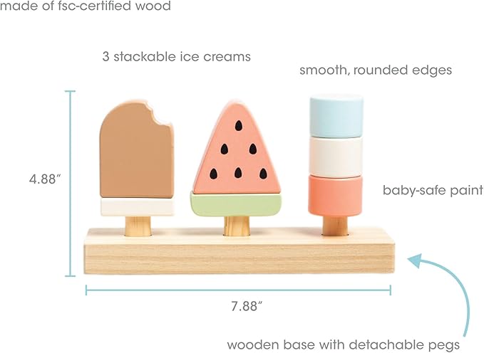 Pearhead Wooden Ice Cream Stacking Toy, Easter Basket Stuffers, Montessori Play Food Set for Fine Motor and Pretend Kitchen Play, Ages 12m+