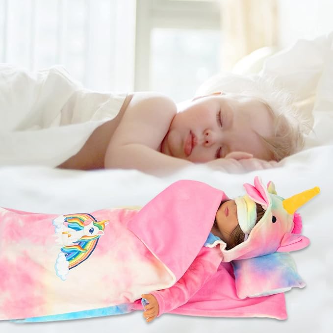American 18 inch Doll Clothes and Sleeping Bag Set - Rainbow Unicorn Doll Costume with Unicorn Style Sleeping Bag, Pillow, Eye Mask Slumber Party Accessories Fits 18 Inch (NO Dolls)