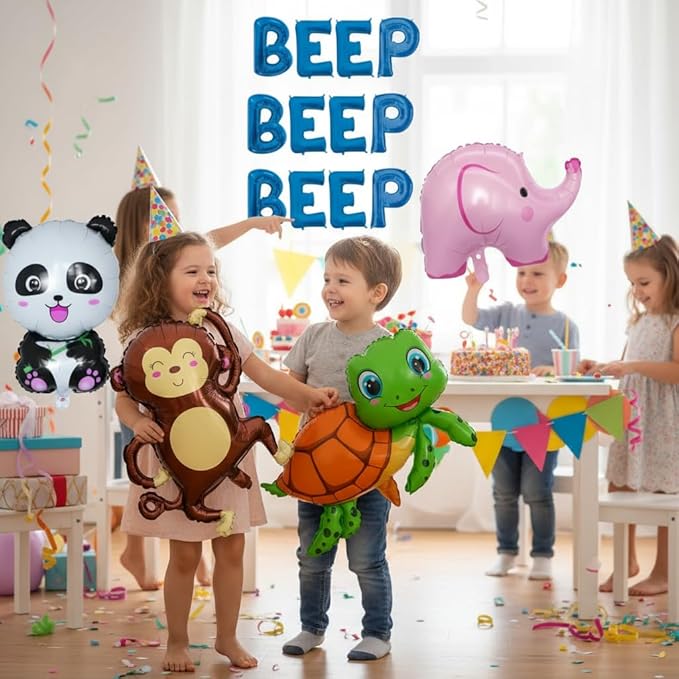 100% LIKED-Beep Beep Beep Blue Letters Balloon Banner, Cartoon Animal Foil Balloon Set Cute Assorted Animal Balloons for Kids Birthday Party Baby Shower Animal Theme Party Decorations