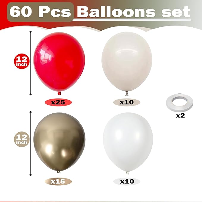 Red White Gold Balloon, 60 Pack 12 Inch Red Gold Balloon for Mother's Day Valentine's Day Women Birthday Wedding Bridal Shower Christmas Xmas Party Decorations