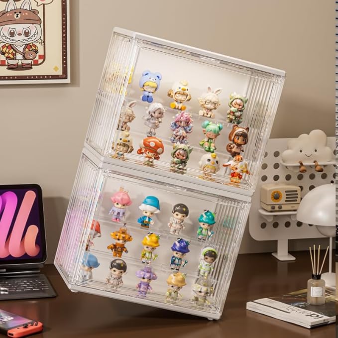 Clear Acrylic Display Case for Figures, Dustproof Figurine Storage Box with LED Lighting, Collectibles Showcase Cabinet for Anime Toys & Miniatures, Stackable Organizer for Desk & Room Decor
