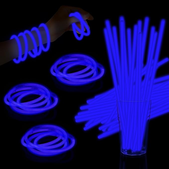 60 Pack 8” Blue Glow Sticks Bulk with 60 Connectors Neon Glow In The Dark Party favors Supplies for Holiday Birthday Party Decoration (Blue)