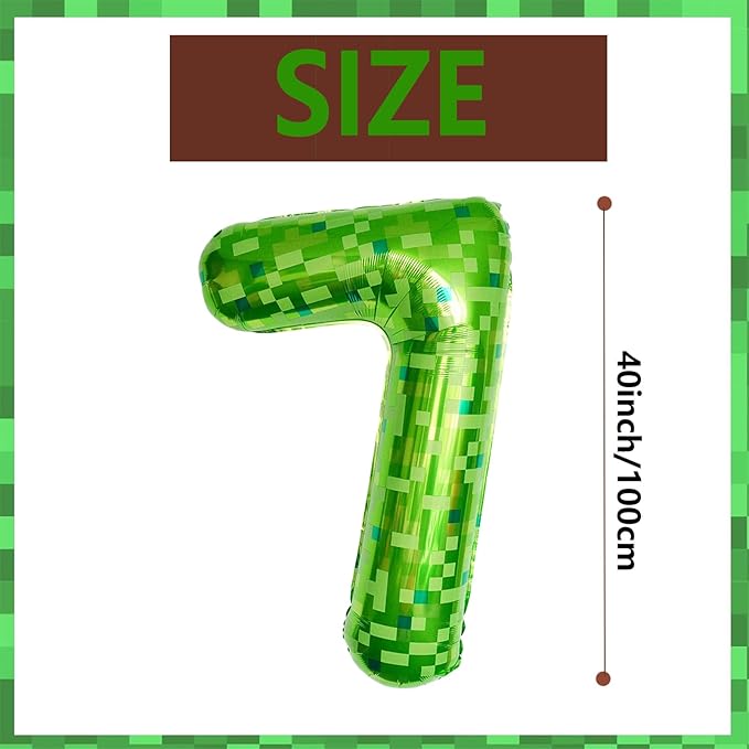 40 Inch Green Pixel Miner Number 7 Foil Balloons Large Mylar Mining Theme 7th Number Balloon Video Game Birthday Decorations Pixel Game Party Supplies