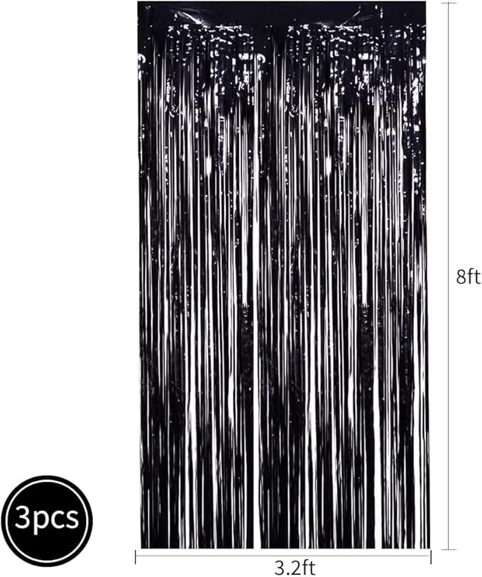 TONIFUL 3Pcs Black Door Streamers,Black Photo Booth Backdrop Metallic Streamers Foil Fringe Curtains for Halloween,Birthday,Christmas,New Year,Bachelorette,Graduation Party Decor(9.9ft x 8.2ft)