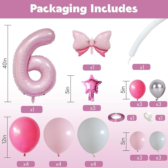 40 Inch Pink Number 6 Balloon for 6th Birthday Decorations Pastel Baby Pink Number Six Foil Balloon Tower Giant Large Digit Hot Pink White Helium Balloons Stack Stand for Girls Anniversary Party