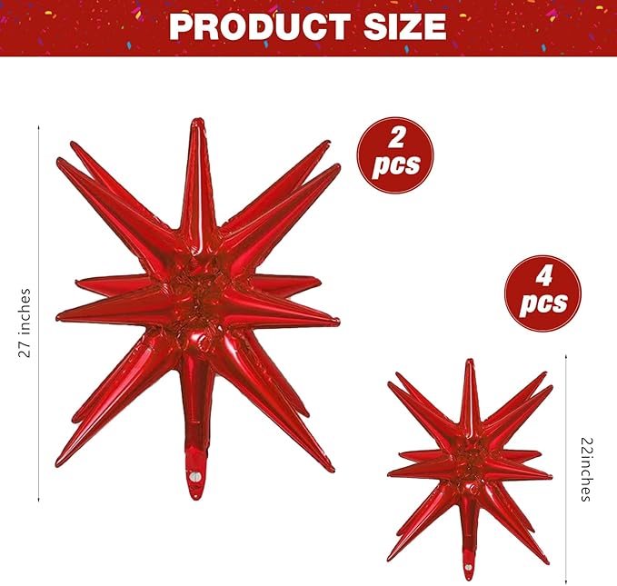 6 Pcs Red Star Foil Balloons One-Piece 14-Pointed Star Balloon 4D Starburst Cone Mylar Balloons 22inch Christmas Birthday Wedding Wedding Anniversary Party Supplies (22&27 Inches Red)