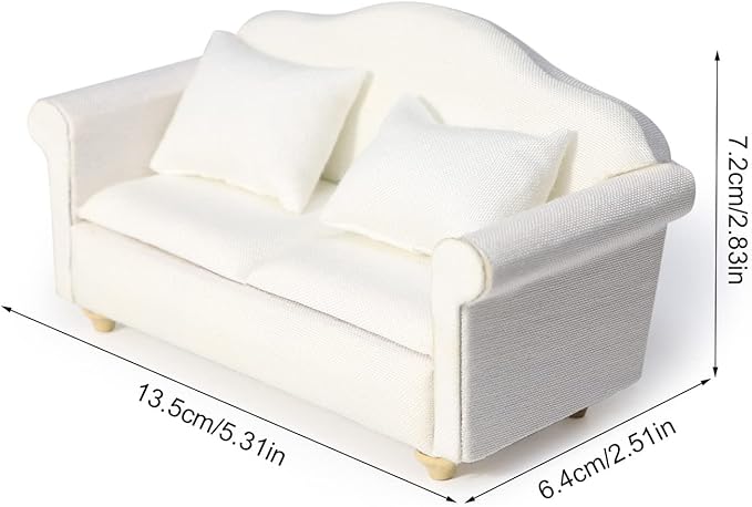 Dollhouse Couch Miniature Furniture Sofa with Pillows for Living Room Desktop Decoration Fabric Sofa Mini Home Scene Accessories Ornament (Sofa Set, White)