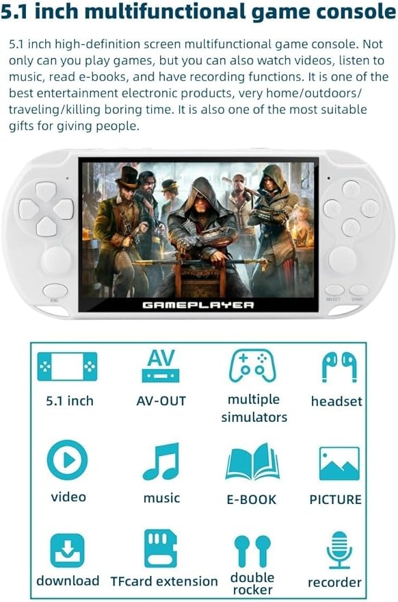 JXD Multifunctional Video Game Console 5.1 inch 7500 Free Retro Games Handheld Game Console Portable Pocket Children's Game Player Mini Arcade Emulator Device mp3/4 Holiday(White)