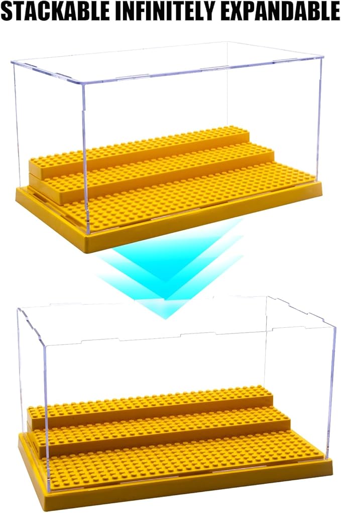 Minifigure Display Case for Action Figures Blocks, Dustproof Acrylic Display Box Storage with 3 Movable Steps for Collection Models Minifigures, Bricks Blocks Toys