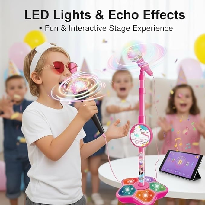2026 New The All in One Microphone Toy, Star Microphone with Stand, Adjustable Height Kids Karaoke Microphones with Music&Light, Gift for Christmas and Birthday Girls and Boys (Pink)