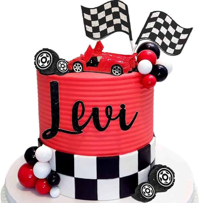 Race Cake Toppers with Red Car Black Red White Balls Flags Wheels Set for Birthday Party Supplies Decor