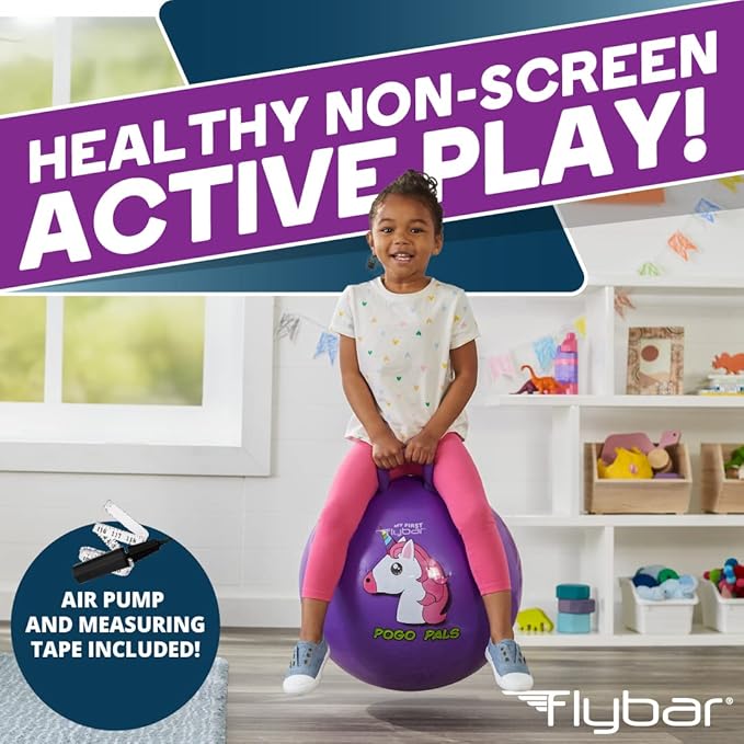 Flybar Hopper Ball for Kids, Inflatable Bouncy Ride-On Ball w/Handle for Indoor & Outdoor Active Play, Includes Pump, Jump Ball Toy for Boys & Girls, Supports Up to 185 lbs, Ages 6+, 22-Inch, Medium