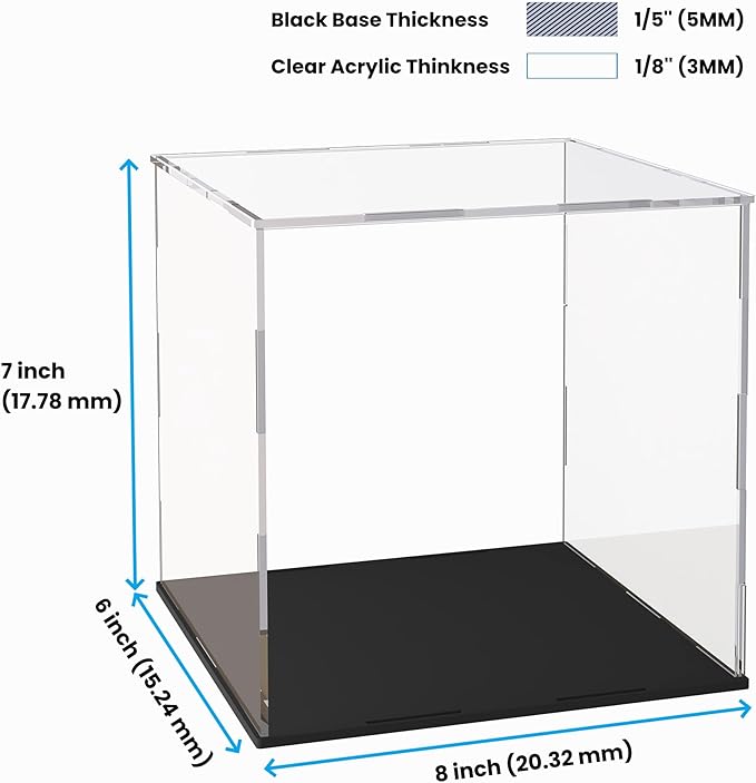 Acrylic Display Case for Collectibles and Toys, Versatile Clear Acrylic Display Box with Black Base for DIY Dollhouse and Tiny House, 8x6x7-inch