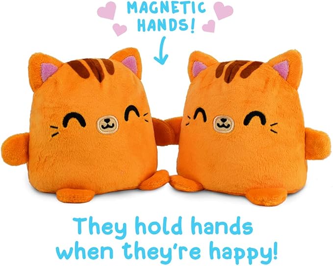 TeeTurtle | Plushmates | Cat | Orange Tabby | Happy + Angry | The Reversible Plush That Hold Hands! 4.5 inch