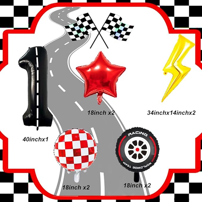 Cartoon Race Car Birthday Party Decorations Lightning Bolt Foil Balloons Race Car Balloons 40 Inch Racetrack Number 1 Balloon for 1st Cars Themed Party Decor Supplies