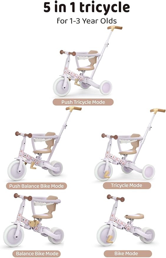 newyoo Lume TR008 Tricycle for Toddlers 1-3, 5-in-1 Push Bike with Parent Handle & Safety Guard, Convertible Balance Bike, Ideal Gift for 1-3 Year Olds, Lilac