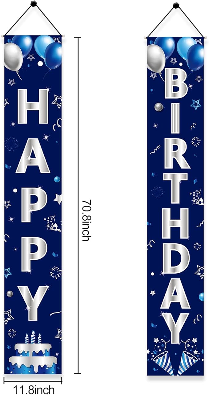 Blue Silver Happy Birthday Door Banner Decorations for Men Boys,Happy Birthday Banner Porch Sign Party Supplies,16th 18th 21st 30th 40th 50th 60th Bday Decoration for Outdoor Indoor