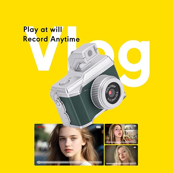 Bewinner Tiny Digital Keychain Camera, 1080P FHD 8MP Thumb Sized with 0.96 Inch Color Screen & 32GB Memory Card, LED Fill Light for Beginners Teens Kids Gifts (Green)