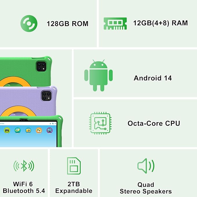 Kids Tablet 11 Inch, Android Tablet with 2 Years Protection, 12GB+128GB, 8000mAh, with EVA Case, Parental Control, Pre-installed Educational APP, WiFi 6, Dual Camera, Quad Speakers, Green