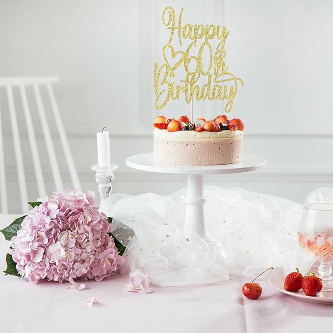 Gold Glitter Happy 60th Birthday Cake Topper - Cheers to 60 Years Cake Topper, 60 & Fabulous Cake Decoration for Hello 60th Birthday Anniversary Party Cake Decorations Supplies
