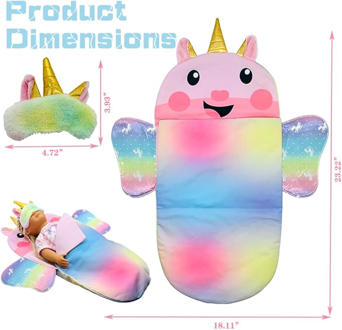 Baby Doll Sleeping Bag Toy Playset Rainbow Unicorn Doll Bedding Slumber Bed Accessories with Eye Mask Doll Unicorn Style Sleeping Bag (for 18 inch Doll)