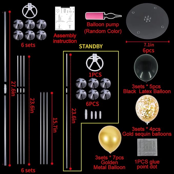 TONIFUL 6 Set Balloon Centerpieces for Table,Black Gold Balloon Stand Kit for 2026 Graduation Decorations 40th 50th 60th 70th Birthday Anniversary Retirement New Year 2026 Party Decorations