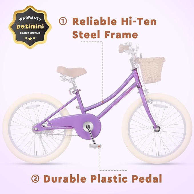 Petimini Vintage Kids Bike for Girls, 12–20 Inch Classic Bicycle with Wicker Basket & Bell, High Tensile Steel Frame, Training Wheels (12–18”), 85% Pre-Assembled, Retro Bike for Outdoor Riding