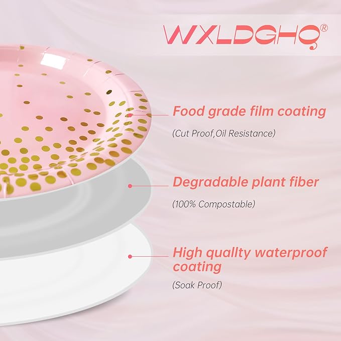 Pink and Gold Party Supplies, 100 Pack - 50 x 9" & 50 x 7" Disposable Paper Plates for Birthday, Wedding, or Any Party Decorations