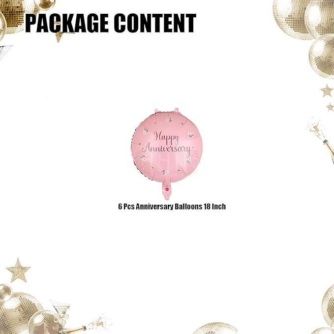 6 Pcs Happy Anniversary Balloons 18 Inch Round Foil Helium Balloon Birthday Engagement Wedding Celebration Anniversary Party Decorations Supplies Pink