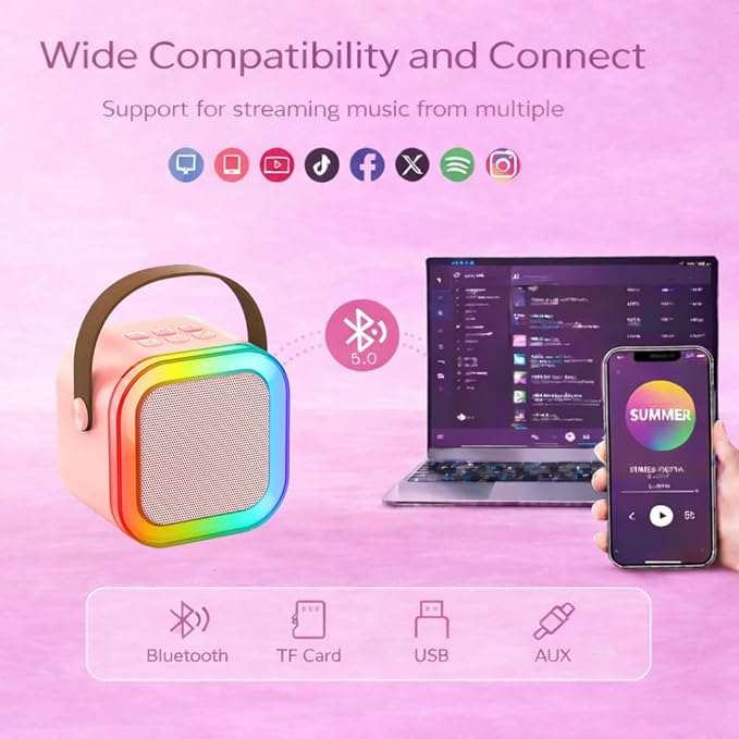 Karaoke Machine for Kids, Portable Bluetooth Speaker with 2 Wireless Microphones, Christmas Birthday Gift Toy Ideas for Boys and Girls Ages 4, 5, 6, 7, 8, 9, 10, 12+ Years Old (Pink)