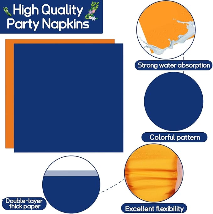 200 Pcs Orange and Blue Birthday Decorations Dart War Party Supplies Orange Blue Paper Plates and Napkins Tableware Set for Baby Shower Party Favors for 50 Guests