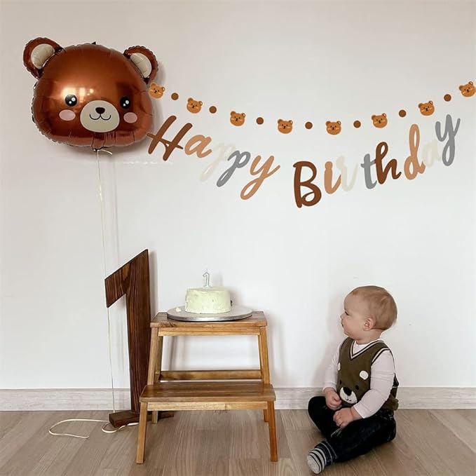 Bear Theme Happy Birthday Banner with Cute Bear Banner, Bday Party Pennant Decor, Wild One Woodland Bear First Birthday Party Supplies