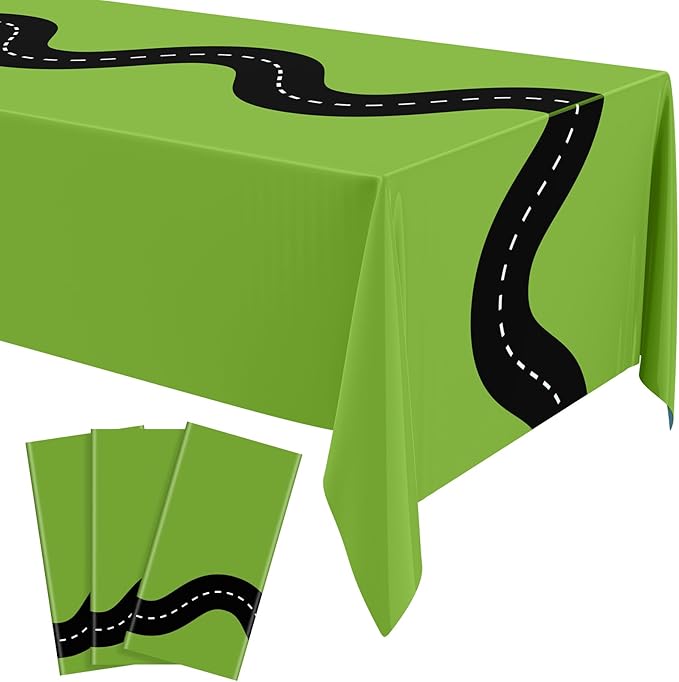 Irenare 3 Pcs Racing Table Cloths Car Birthday Party Supplies 54 x 108 Inch Racetrack Table Runner Covers Disposable Rectangular Road Tablecloth for Kids Boy Car Theme Party Decor (Green)