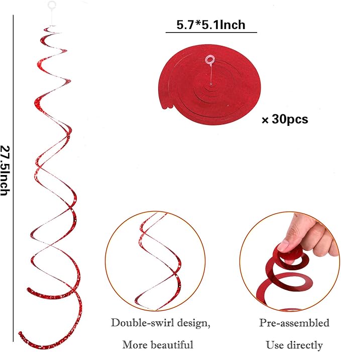 30 Pcs Red Party Hanging Swirl Decorations Plastic Streamer for Ceiling Spiral Decorations Garland for Birthday Wedding Bridal Shower Baby Shower