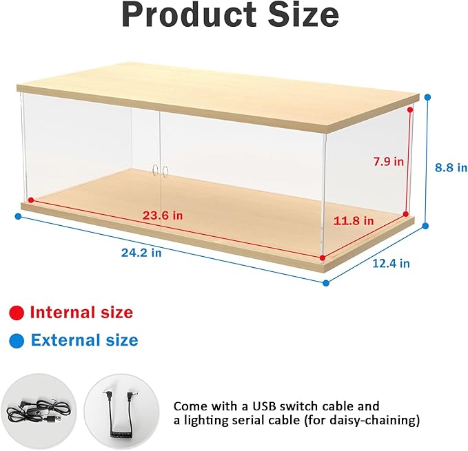 Nynelly Lighted Acrylic Display Case for Collectibles, Clear Display Box for Lego 42096 42143 42083, 1/8 Scale Model Car Display Case, Assemble Dustproof Countertop Showcase, 23.6x11.8x7.8in