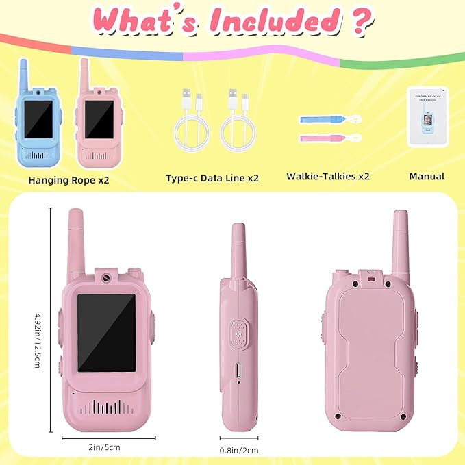 Video Walkie Talkies for Kids 2 PCS, Long Range Kids Walkie Talkies, Rechargeable Video Call Toys for Indoor Camping Hiking Travel, Christmas Birthday Boys Girls Age 3-5 (Blue/Pink)