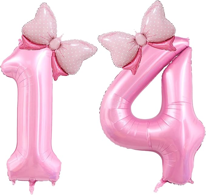 40 inch Number 14 Balloon with Bow Pink Happy Birthday Jumbo Number Balloons for Girls Daughter Birthday Decorations Party Supplies (Pink Number 14)