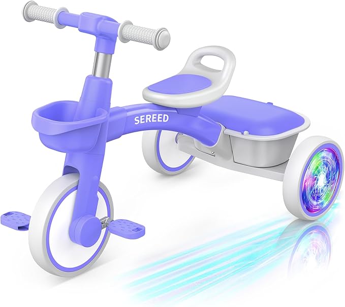 SEREED Colorful Lighting Toddler Tricycle for 2-5 Years Old Boys Girls, Adjustable Seat&Handlebar Trike, Removable Basket, Birthday Gift Idea for Kids Ages 2+ (Purple)