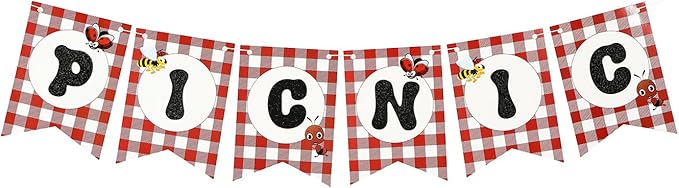 Picnic Letter Banner, red and white Gingham Swallowtail flags, teacher banner, classroom, birthday, insects banner,Picnic Happy Birthday Banner - BBQ Birthday Party Pennant - Red Gingham Banner,