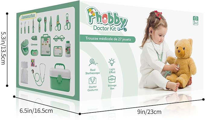 Durable Doctor Kit for Kids, 27 Pcs Deluxe Pretend Play Medical Kit Toy with Real Stethoscope, Doctor Kit for Toddlers Boys Girls Birthday Gift (Green)