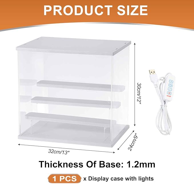 MECCANIXITY Clear Display Case, 4 Layer Acrylic Figure Display Case Clear Display Boxes for Collectibles, Figures Model Toys Home Storage(with Square LED Light, 13x9x12 Inch White Base)
