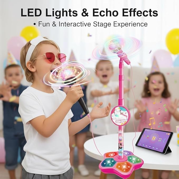 The All-in-One Microphone Toy, Portable Kids Karaoke Machine, Kids Microphones with Stand, with Flashing Stage Lights and Pedals, Guitar Toys for Fun Musical Effects (Pink, Microphone)