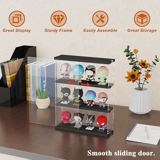 DuvinDD Acrylic Display Case Wall Mounted Funko POP Shelves, Clear Collectibles Showcase Display Cabinet with Sliding Door for Lego Figure Dustproof Hot Wheels Storage Box Black(11.8x3.3x14.8inch)