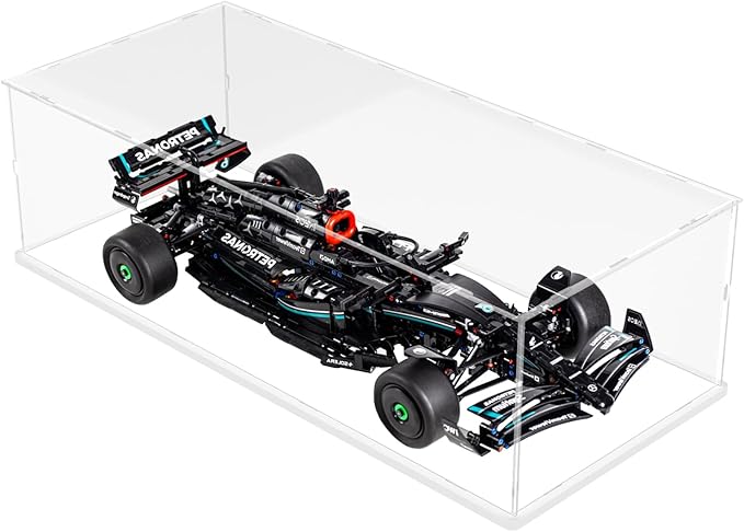 DuvinDD Acrylic Display Case for Lego Car Mercedes F1 42171, McLaren F1 42141, Clear Large Display Box 1/8 Scale Model Car Dustproof for Collectibles with Black Base(27.5x11.8x7.8 inch)