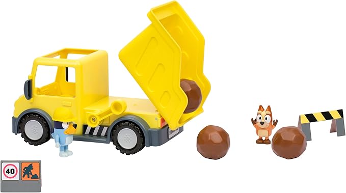 Bluey Dump Truck Toy Playset, Sturdy Working Toy Dump Truck with 2 Articulated Figures and 3 Huge Boulders, Construction Toys for Kids of Ages 3+