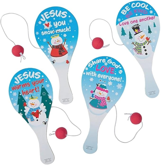 Fun Express 4" x 9" Religious Share God’s Love Snowman Wood Paddleball Games - 12 Pieces