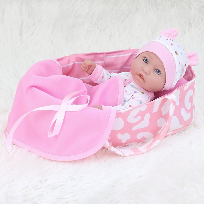ZITA ELEMENT 12″ Baby Doll Sleeping Basket Set in Gift Box - 13 Piece Soft Baby Doll with Accessories, for Girls Ages 3+