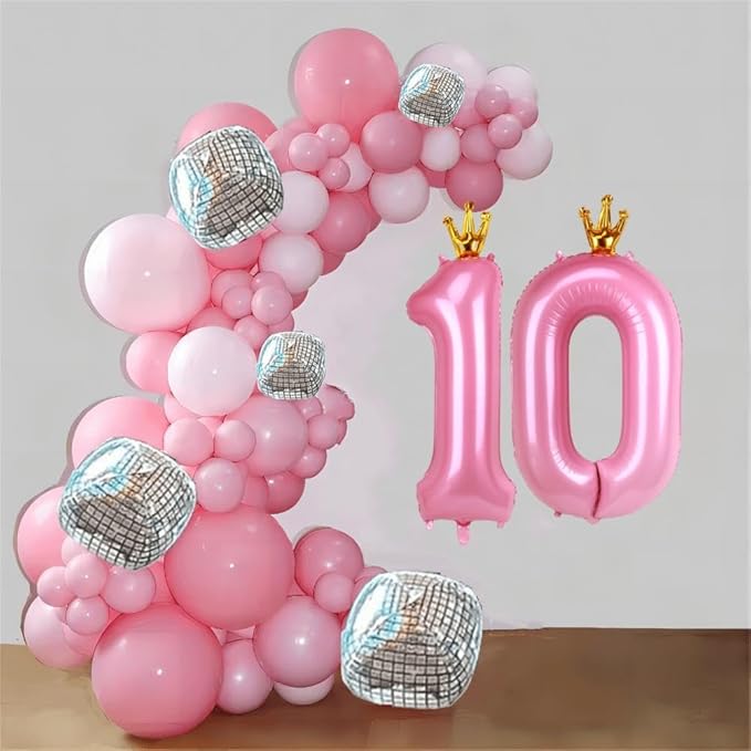 Giant Pink Number 10 Balloon with Crown, 40inch Big Baby Pink Foil Mylar Helium Number Ten Balloon for Girls 10th Birthday Decorations Pink Princess Theme Party Supplies Favors Anniversary Decor